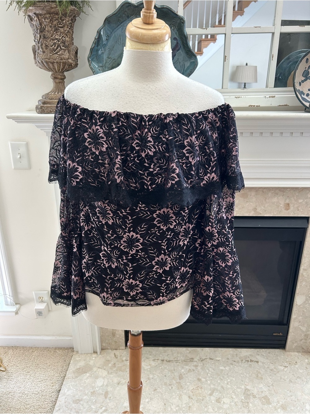 White House Black Market Black and Pink Off-Shoulder Floral Lace Blouse
